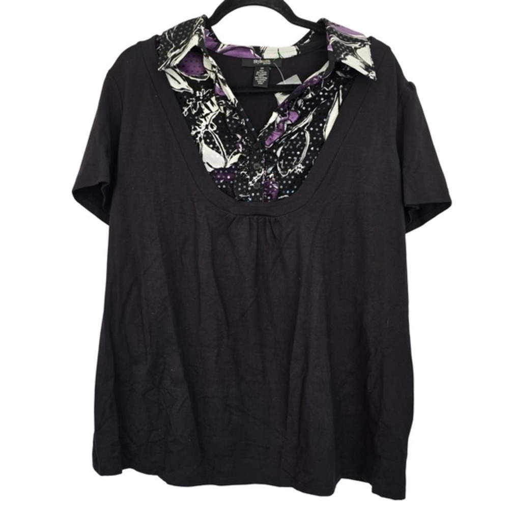 😀🆕️ Style Co Woman Black Blouse with Printed Collar and Ruffle Detail Size 2X